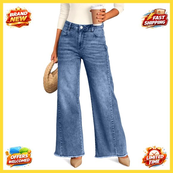 Wide Leg Jeans Relaxed Fit Raw Hem Comfort Denim Mid-Rise Stretch Waist